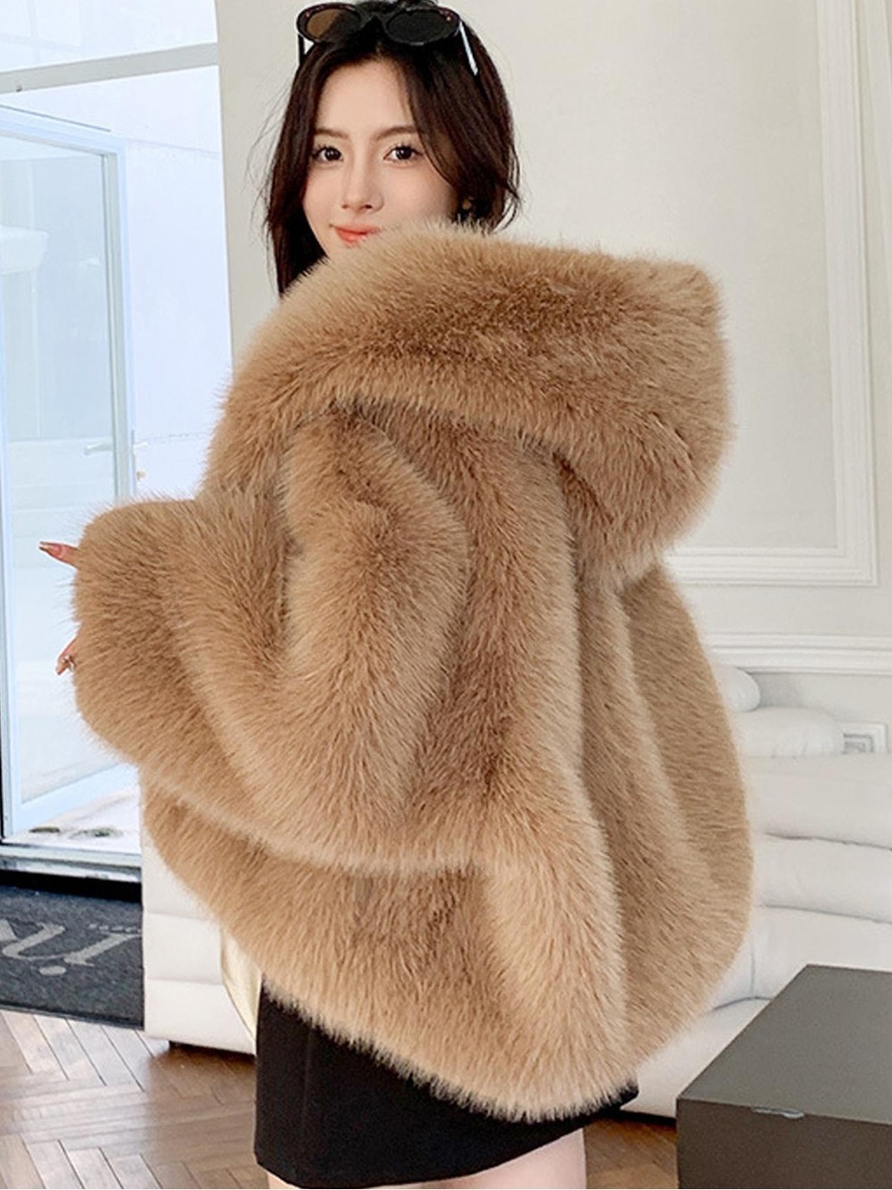 Luxury Oversized Faux Fur Hooded Coat | Plush Winter Jacket | Camel Beige - M - Picture 3 of 13
